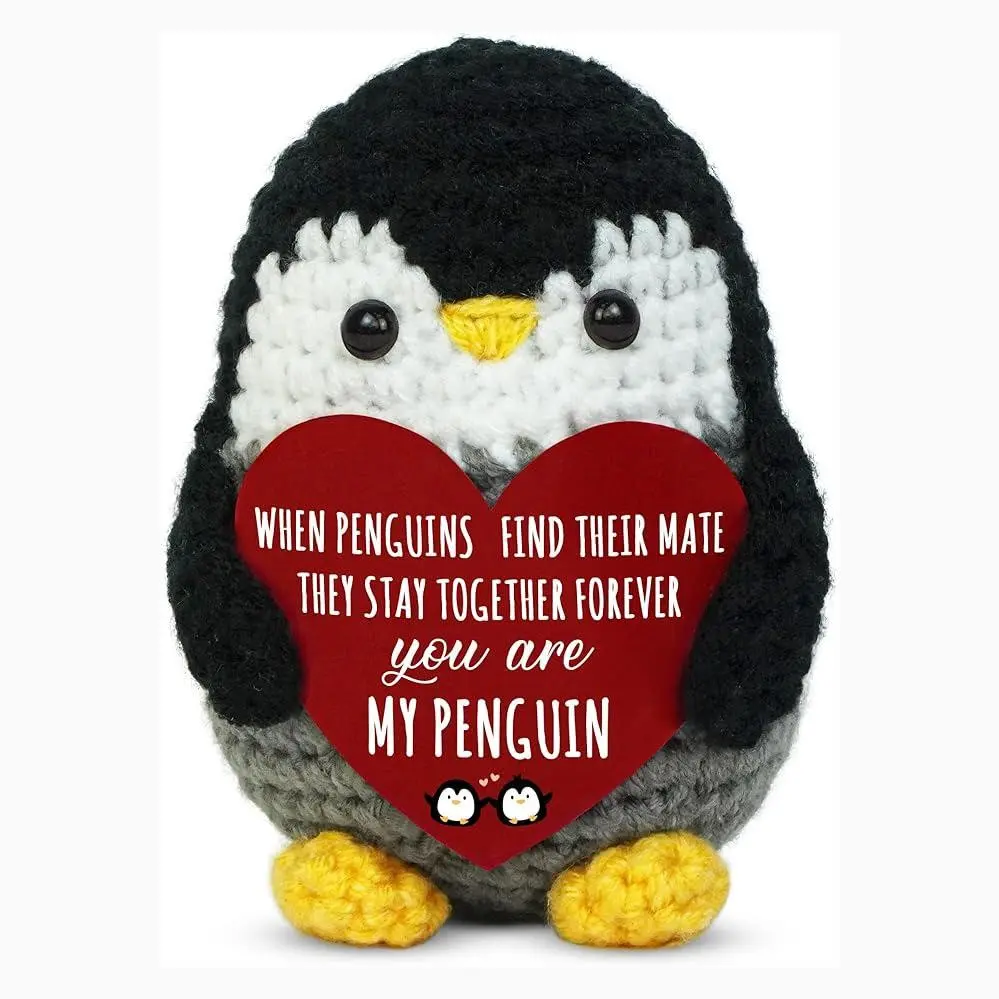 Handmade Knitted Stuffed Penguin, Heart Card Valentine's Day Anniversary Romantic Gift for Men Women Couples Boyfriend Girlfriend Husband Wife, Handmade Crochet Penguin, Amigurumi