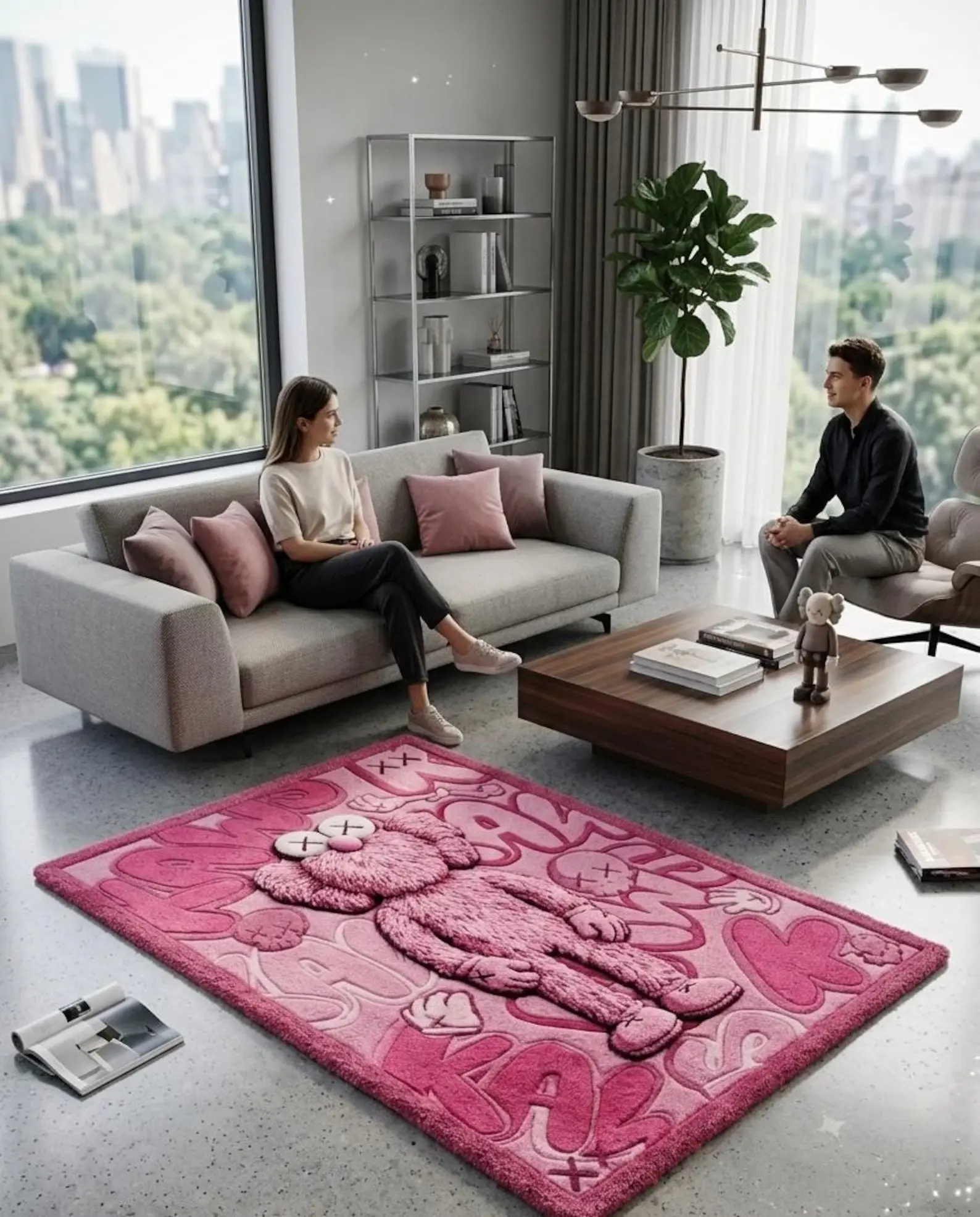 Pink KAWS Inspired Rug, Abstract Pop Art Rug, Luxury Hypebeast Decor
