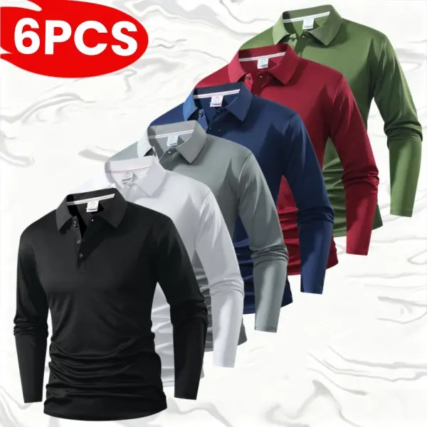 Pack of 6 men’s solid-color long-sleeve polo shirts made from breathable, skin-friendly wrinkle-resistant fabric for autumn; turn-down collar with single-button placket design; slim fit that doesn’t cling; versatile top suitable for office commuting and c