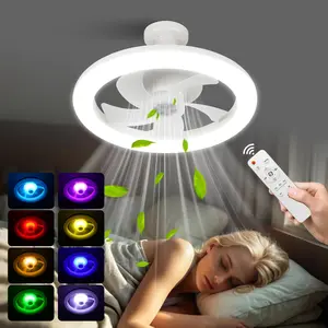 E27 Socket Fan Light with Remote Control, RGB Light Socket Fan Light, Timable 3-speed Wind Speed Ceiling Fan Light for Bedroom, Office, Kitchen, Garage