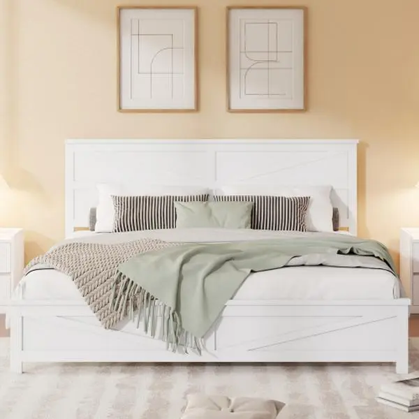 DUXELIFIN Farmhouse Queen/King Bed Frame - Pinewood Bed with Barn Door-Designed Headboard, Footboard and Strengthened Structure