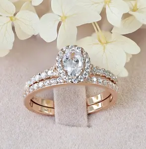 Janefashions Oval Cut Halo Rose Gold Plate Sterling Silver Engagement Ring Wedding Band Travel Bridal Rings Set S18B