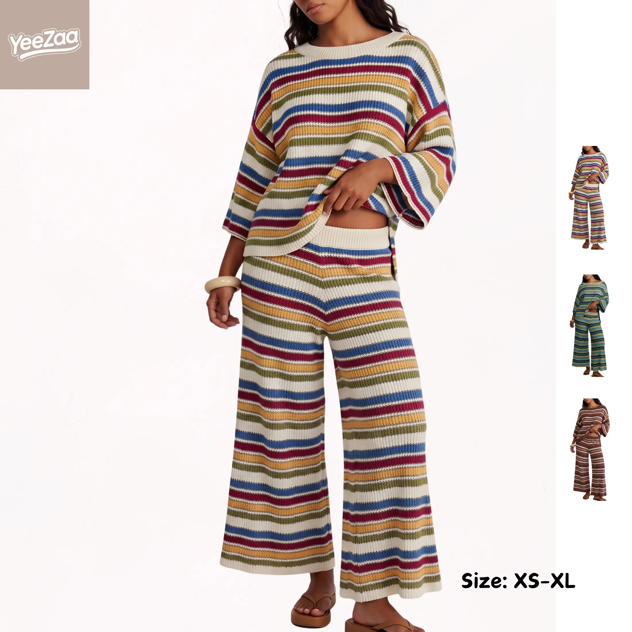 YeeZaa Striped Knit Sweater Set for Women 2 Piece multicolor stripe Crew Neck 3/4 Sleeve Loose Top Wide Leg Pants Oversized Fall Winter Casual Vacation Loungewear Matching Outfits