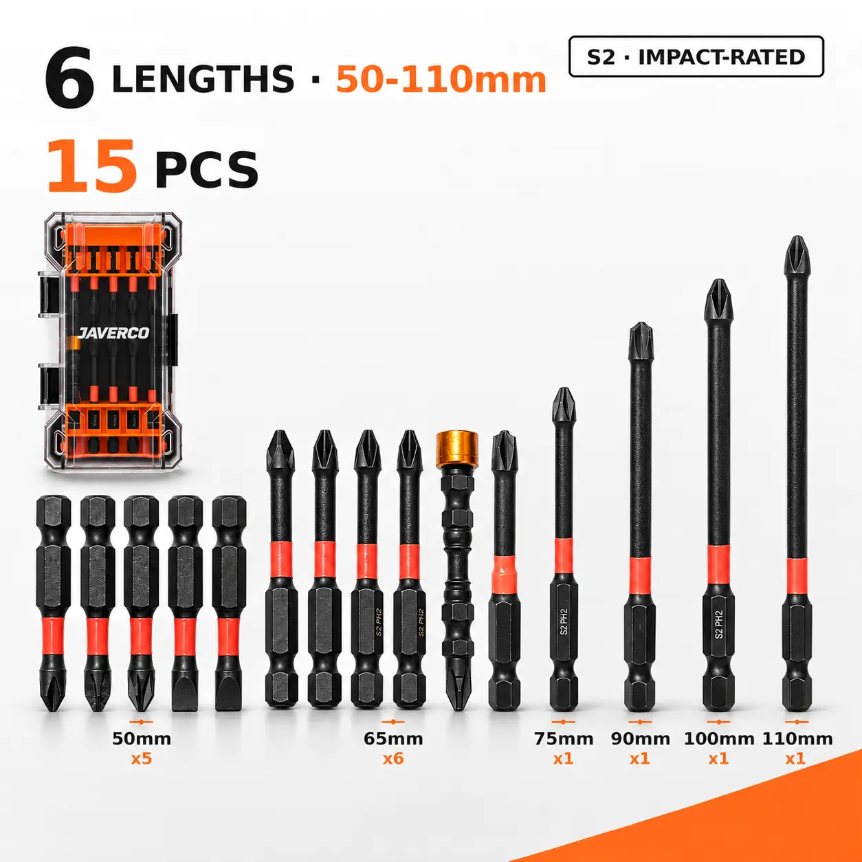 JAVERCO 15-Pc Anti Cam-Out Magnetic Impact Phillips Screwdriver Bit Set, S2 Steel PH1 PH2 PZ1 PZ2 SL5 SL6 + 2x FPH2, 6 Lengths 50-110mm, 1/4" Hex Shank, Magnetic Ring, Used on Breakers, Outlets & Furniture (15Pcs)