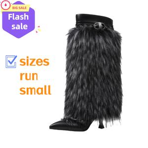 Women's Furry Black High-Heeled Boots - Winter Charming Party Outfits, Black Heels, Christmas Holiday Vacay Vibe, New Year Valentine Gifts
