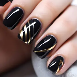 24-Piece Wearable Nails, Elegant Gold Simple Nail Art, Short Square Design, Perfect for Office, Dates, Formal Events