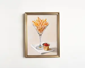 French Fries in Martini Glass Art Print: Quirky Cute Modern Still Life Oil Painting, Gift for Her, Food and Cocktail Bar Cart Decor