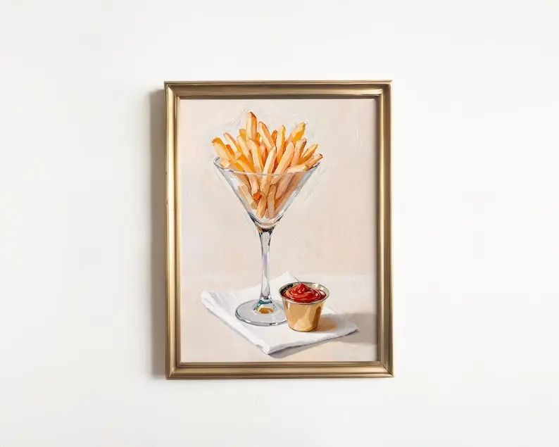 French Fries in Martini Glass Art Print: Quirky Cute Modern Still Life Oil Painting, Gift for Her, Food and Cocktail Bar Cart Decor