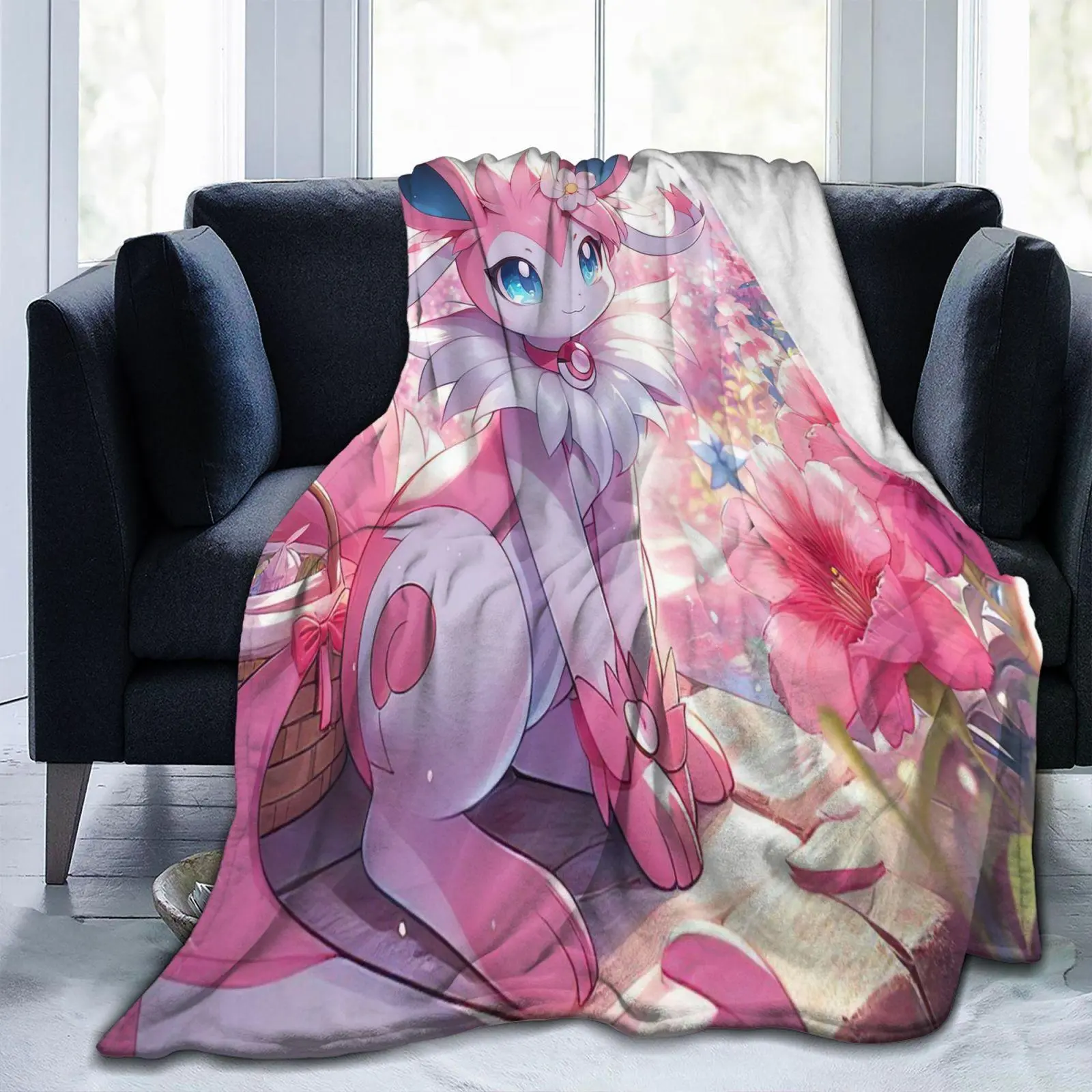 Cute Eevee Flannel Blanket - Soft, Buttery Textured Animal Artwork Avatar Themed Body-Warming Throw, Blankets for Bed, Multi-Purpose Home Decor for Sofa Bedroom, Body-Warming Blankets