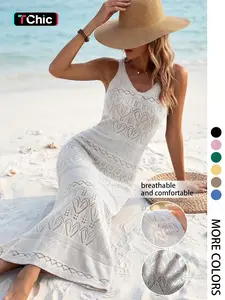 Women's Elegant V-Neck Sleeveless Dress, Casual Summer Beachwear, Fitted Plain Hollow Out Pattern, Thin Split Design, Fall Winter Fashion