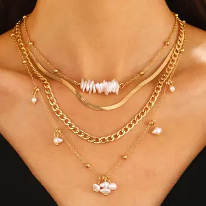 4Pcs Elegant Layered Gold-plating Pearl Pendant NecklaceSet for Women Luxurious Snake Chain Stacked NecklacesBohemian Jewelry Gift for Her
