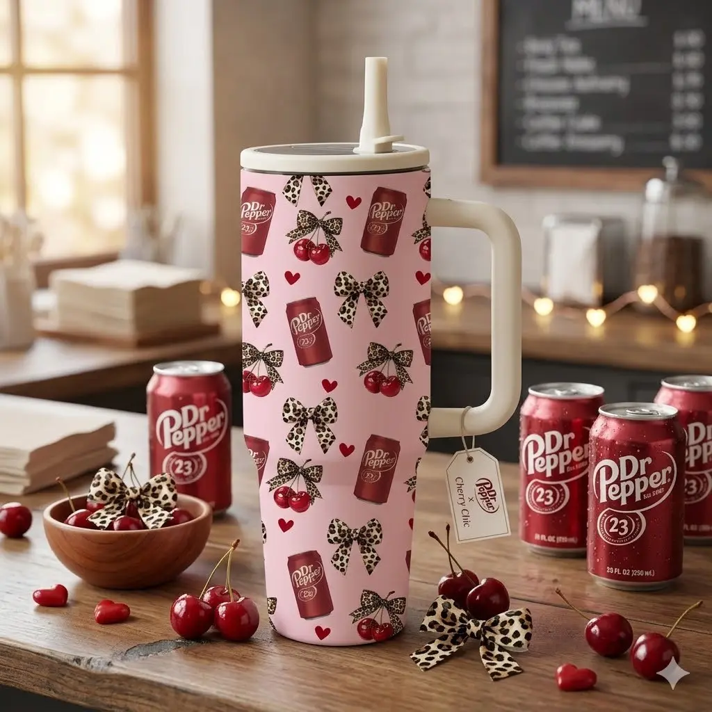 40oz Cherry & Leopard Bow Thermo Tumbler with Handle and Straw | Retro Dr Pepper Inspired Insulated Stainless Steel Mug | Large Capacity Travel Cup for Soda Lovers Flasks Vacuum Insulated Tumbler Stylish Tumbler