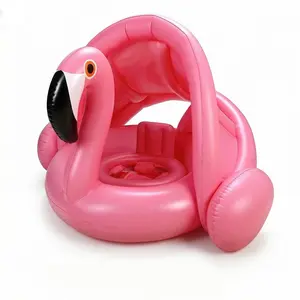 Jiajchuf Inflatable Flamingo Baby Pool Float, 65cm Toddler Swim Seat, Removable Sunshade, Anti-Flip PVC Float for Summer Beach Pool