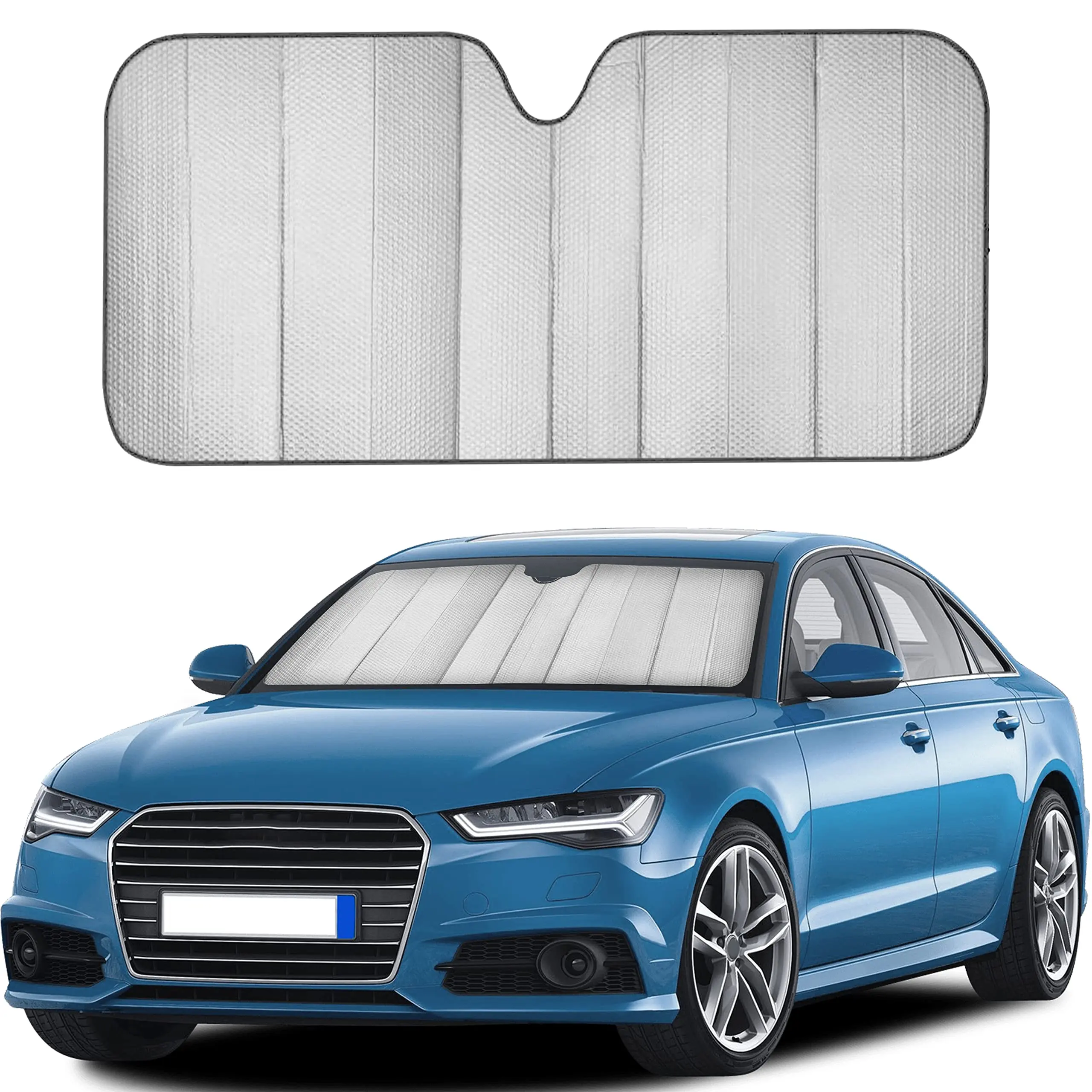 EcoNour Accordion Car Windshield Sunshade - Foldable Gray Aluminum Foil Sunshade, 58 x 27.5 Inches, Built-In Buckle Strap, UV Blocking Reflective Sun Protection Front Window Accessory