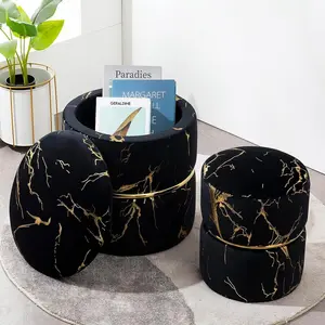 Pack Of 2 Black Round Bronzing Storage Ottoman Modern Velvet Upholstered Ottoman Stool Luxurious Poufs Sofa Footrest For Living Room Makeup Vanity Stool For Bedroom Room Decor