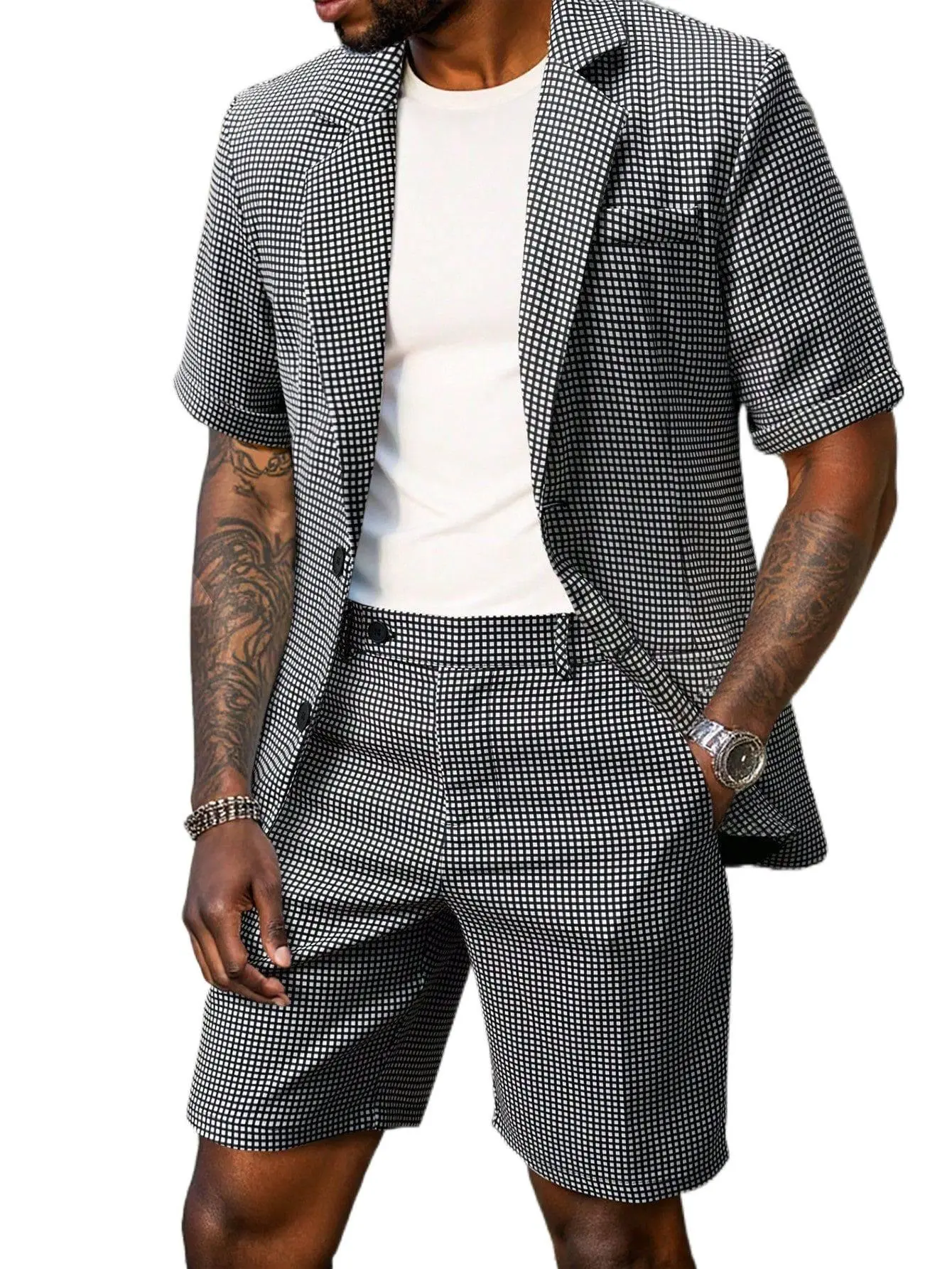 Men’s British Style Plaid 2-Piece Slim-Fit Stand Collar Suit Set - 2-Button Blazer & Pants for Business, Wedding Sizes S-2XL Casual Classic Evening Fabric Fashion Jacket Matching Menswear Mint Menswear