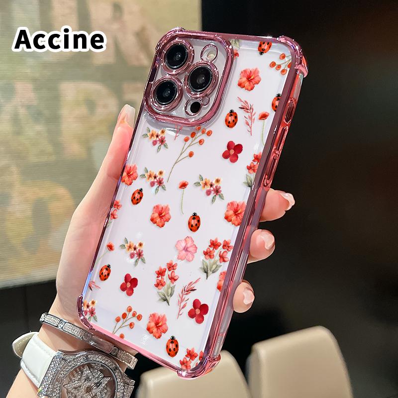 Floral Ladybug Symphony Pattern Four Corner Anti-Fall Phone Case Transparent Electroplated Protective Cover for iPhone 16 Pro Max 15 Plus 14 13 12 11 E