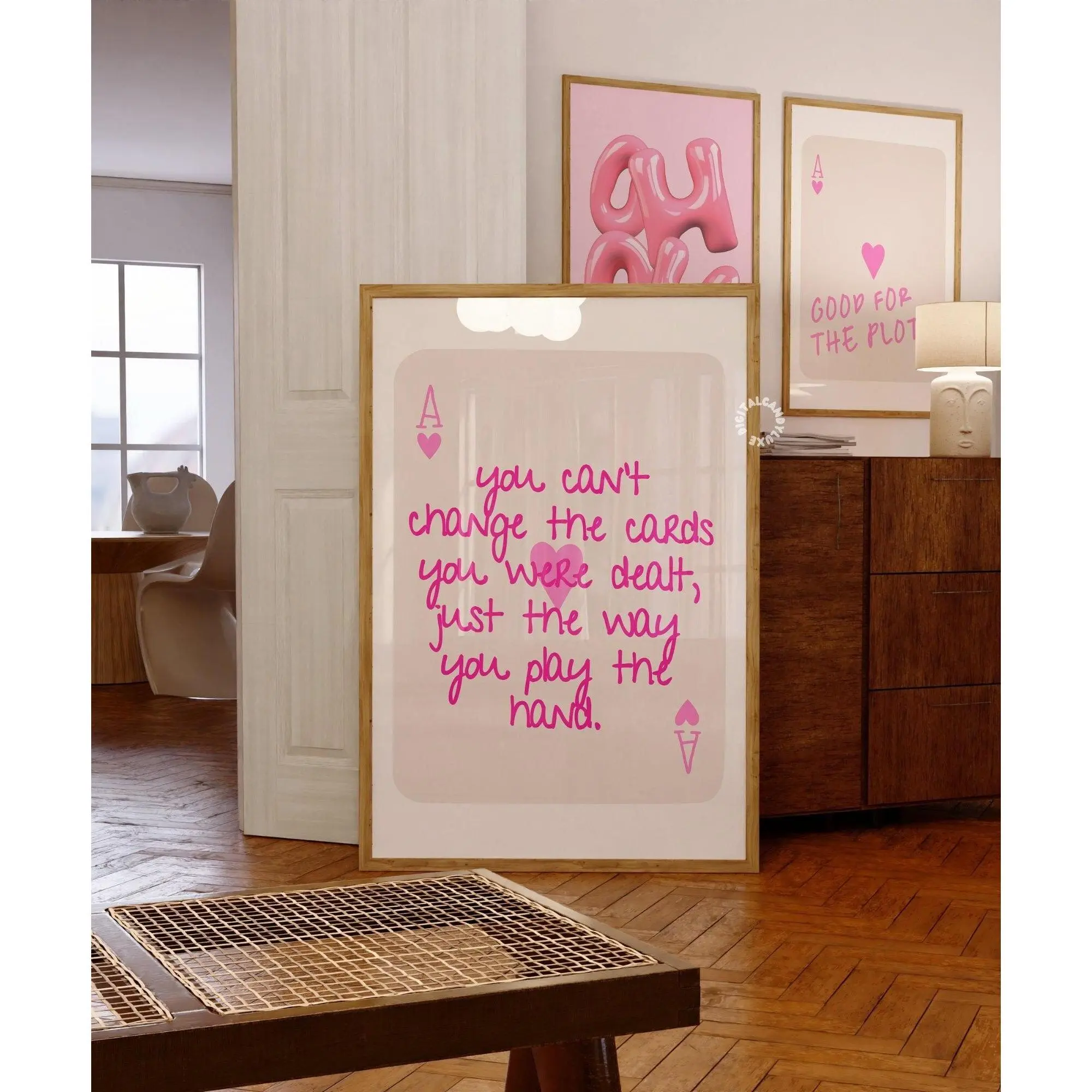 Frameless Coquette Pink Ace of Hearts Quote Artistic Print - "You Can’t Change The Cards" Inspirational Preppy Wall Art, Mother's Day Gift, Beige Aesthetic Colorful Style Decor Inspo for Wardrobe Bedroom Home (Frame Not Included)