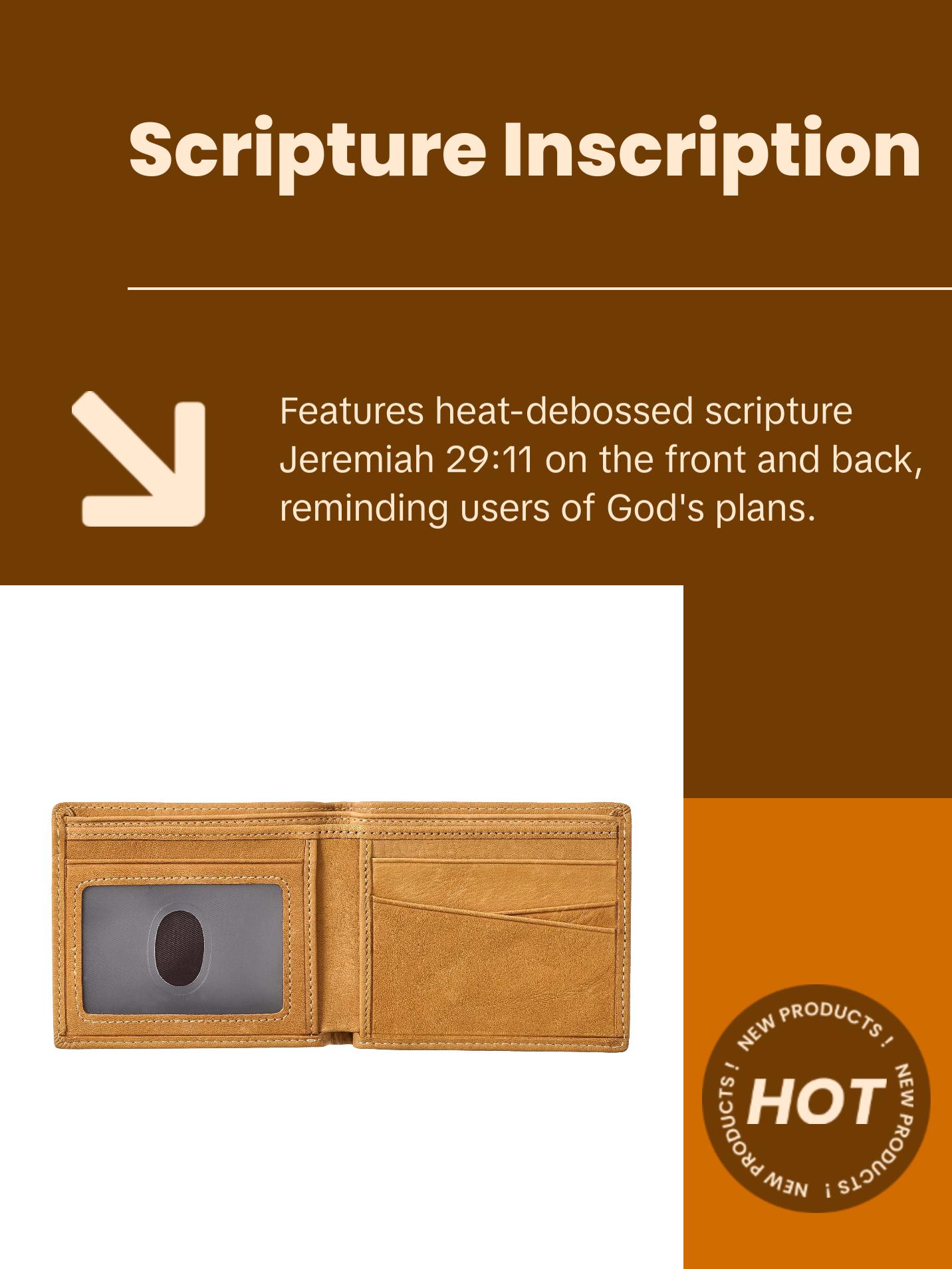 Genuine Leather Wallet for Men and Dads with Scripture Jeremiah 29:11 RIFD Blocking Multi-purpose Slots Credit Card Holders Quality Classic Saddle Tan Leather Bifold Wallet for Men