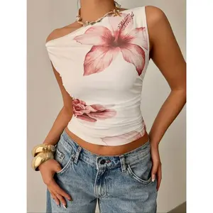 Women’s summer casual off-shoulder floral print ruched tight-fit beach vacation top, Y2K fashion tee for daily wear, WomenswearGARMENTARY