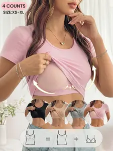 Women's Spring Summer Tank Top with Built in Padded Wireless Bra Camisole,Integrated Bra Cup Short Sleeve T-Shirt, Round-Neck Camisole,Soft Comfortable Plain Inner Layer Outerwear Top