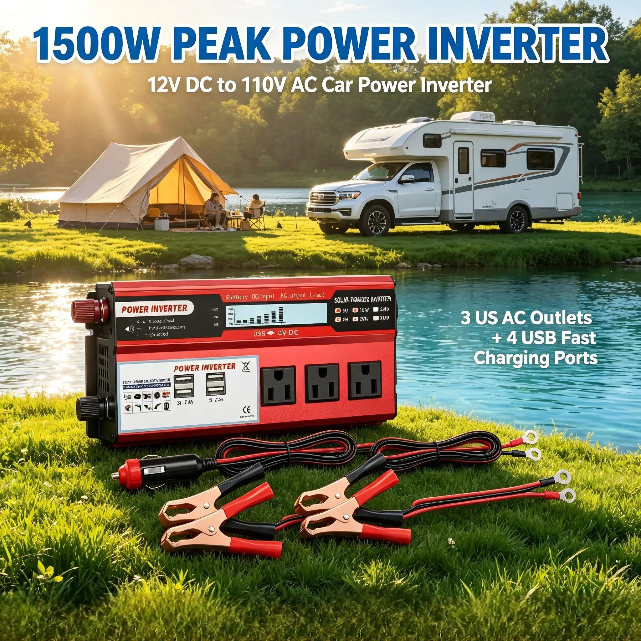 1500W Peak Power Inverter DC 12V to 110V AC Car Power Transformer, LCD Digital Voltage Display, 3 US AC Outlets & 4 USB Charging Ports, Built-in Cooling Fan,  Portable Emergency Power Supply for Car Truck RV Camping Road Trip Home Blackout