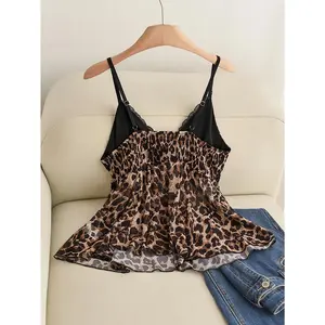 Plus Size Women's Leopard Print Lace Trim Cami Top - Adjustable Spaghetti Strap Flowy Tank (0XL-4XL)