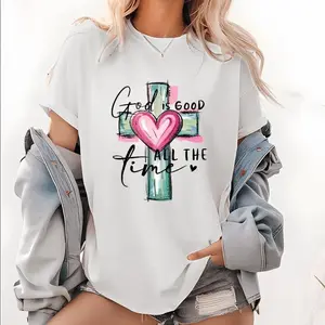Faith Inspired Women's T-Shirt - 100% Cotton Cross & Heart Print, Soft Breathable Streetwear, All-Season Comfort, Trendy Design
