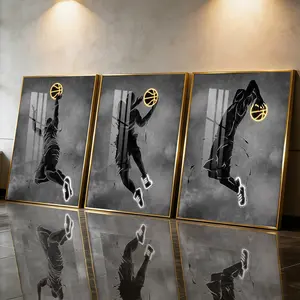 3Pcs Aluminum Alloy Framed Painting, Basketball Player Dunk Silhouette Picture, Home Decoration For Living Room, Bedroom, Office, Restaurant, Hallway Wall Decor, Odorless Print Artwork, Luxury Perfect Gift For Friends And Family