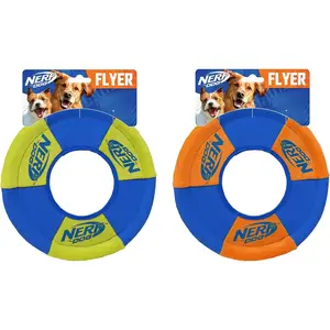 Re Nerf Dog Toss and Tug Ring Dog Toy, Flying Disc, Lightweight, Durable and Water Resistant, 9 Inch Diameter, For Medium/Large Breeds, Two Pack, Green and Orange