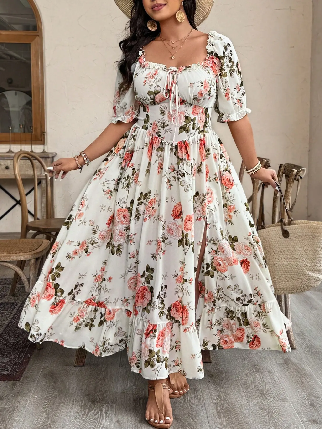 Women's Plus Size Floral Midi Dress, Square Neck Bubble Sleeve Empire Waist Fringe A-Line, Casual Party Dress for Curvy Body Type