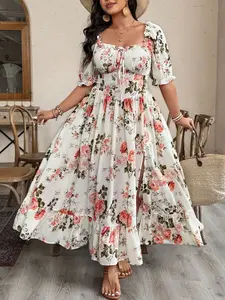 Women's Plus Size Floral Midi Dress, Square Neck Bubble Sleeve Empire Waist Fringe A-Line, Casual Party Dress for Curvy Body Type
