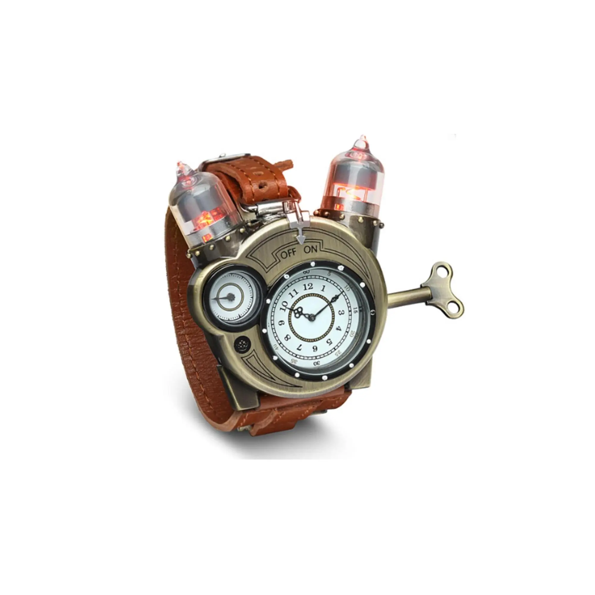 Steampunk Tesla Analog Wristwatch with Weathered-Brass Finish and Leather Strap - Light-Up LED Vacuum Tubes Steampunk Tesla Analog Wristwatch with Weathered-Brass Finish and Leather Strap - Light-Up LED Vacuum Tubes