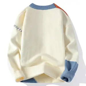 Men Knitted Jumpers Patchwork Sweater O Neck Pullovers Spliced Long Sleeve Jumper Slight Standard  Classic Dress casual stylish apparel Elegant Fabric