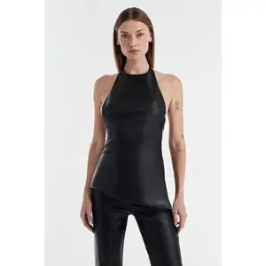 INES ASYMMETRICAL FAUX LEATHER TOP - BLACK
