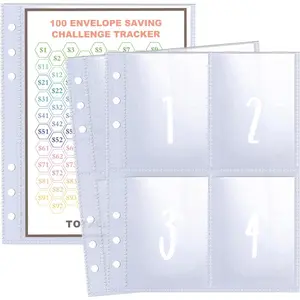 25 Pcs 4 Pocket 100 Envelopes Money Saving Challenge Sleeves and Tracker Sheet Protector, Fit for 6 Ring A5 Binder, PrePrinted 1~100 Numbers Money Pockets Refill Pages,Top Loading Currency Pages