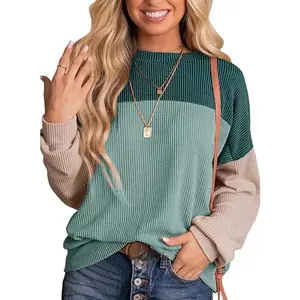 Women's Color Block Long Sleeve Crewneck Knitted Pullover Shirts Soft, Loose - Fitting with Trendy Ribbed Details for Casual Outings, Effortlessly Blend Style and Comfort!