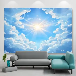 1 Blue Sky Sun Explosion Tapestry - Vibrant 100% Polyester Fiber Wall Hanging with Radiant Clouds and Sun Design, Perfect for Modern Living Room or Festival Decoration, No Electricity Required
