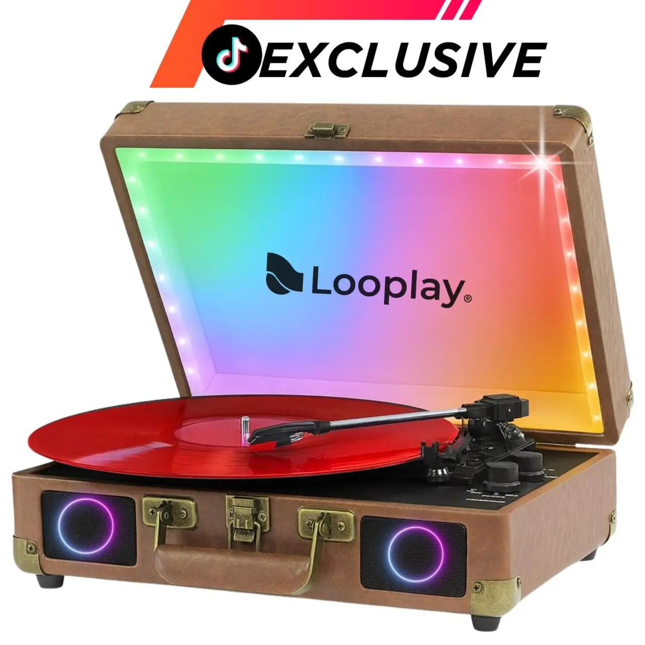 Looplay Premium Bluetooth Record Player – 3-Speed Portable Suitcase Turntable with Speakers, LED Lights, Auto-Stop, RCA Output – Retro Vinyl LP Player Gift for Collectibles & Entertainment Enthusiasts