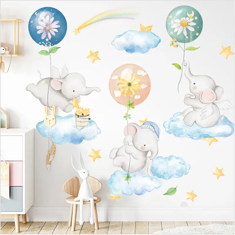 Elephant & Balloon Wall Decal, Elephant & Cloud Wall Decal - Peel and Stick, Removable
