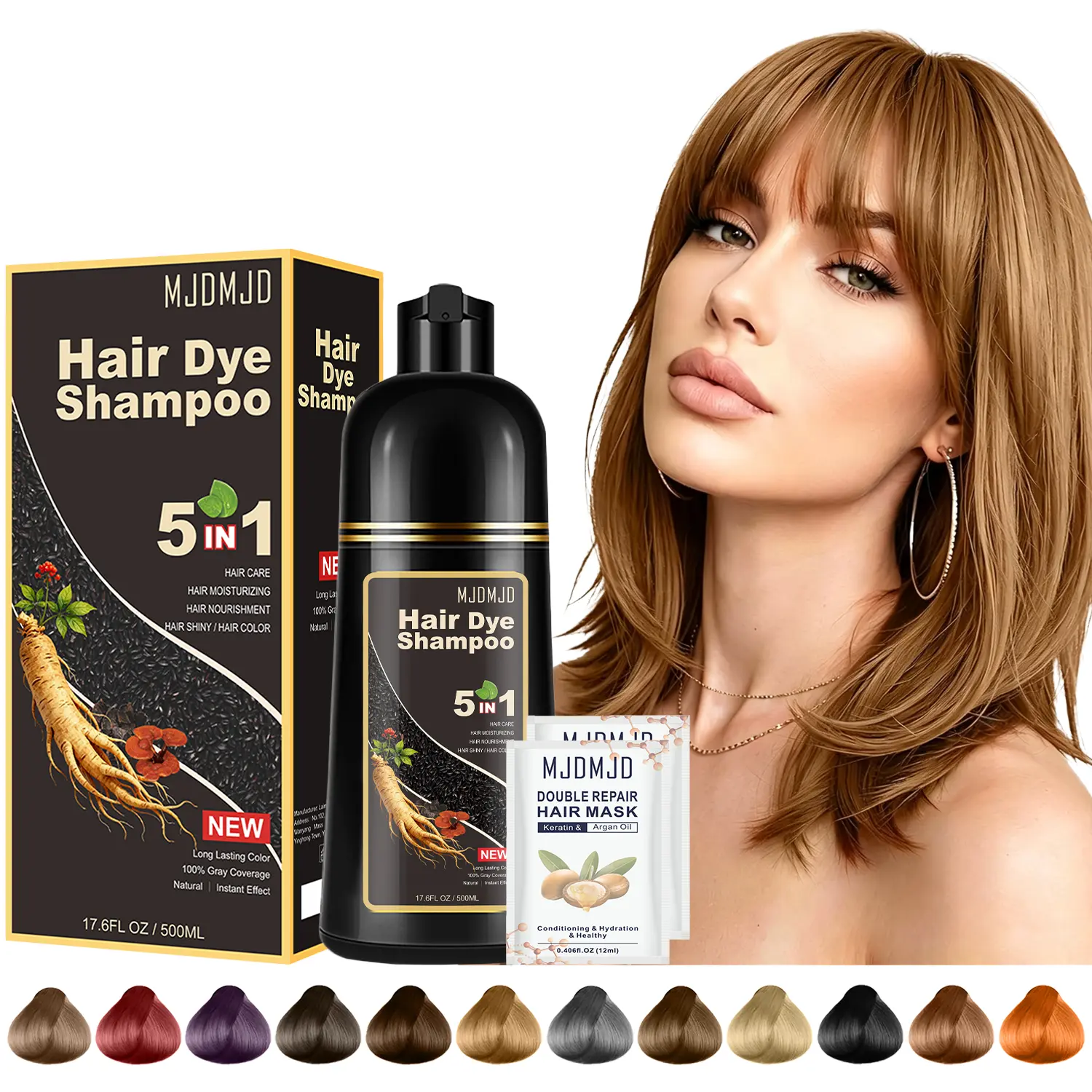 Honey Brown Hair Dye Shampoo 5-in-1, Warm Medium Brown Hair Color Shampoo for Gray Coverage & Root Touch Up, Nourishing Herbal Formula, Moisturizing & Long-Lasting Natural Color, Easy Hair Coloring for Men & Women, 500ml