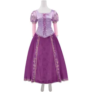 Women‘s Rapunzel Princess Costume Purple Puff Sleeve Lepe Dress with Lace and Tie for Halloween