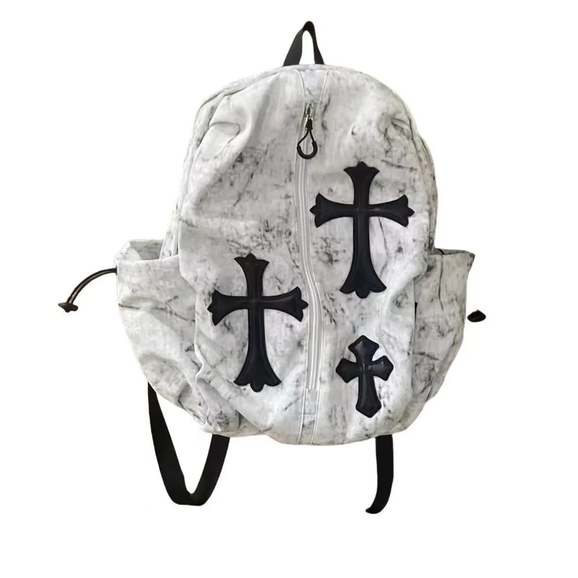 Gothic Leather Cross Print Backpack - Y2K Grunge Streetwear Large Distressed Wash School Functional Bag