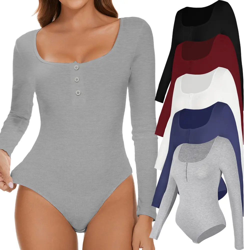 Women's Solid Ribbed Bodysuit, Long Sleeve Square Neck Henley Top, Slim-Fitting Casual Viscose Blend for Daily Wear, Basic, Lightweight, Casual Basic