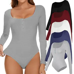 Women's Ribbed Long Sleeve Bodysuits Square Neck Button Down Henley Shirt Tank Top, Lady Casual Comfort Farbic Womenswear For Daily Wear All Seasons