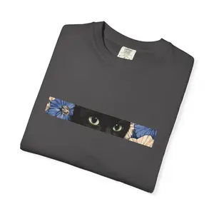 Black Cat in Flowers Portrait T-shirt | Floral Background, Peekaboo Eyes