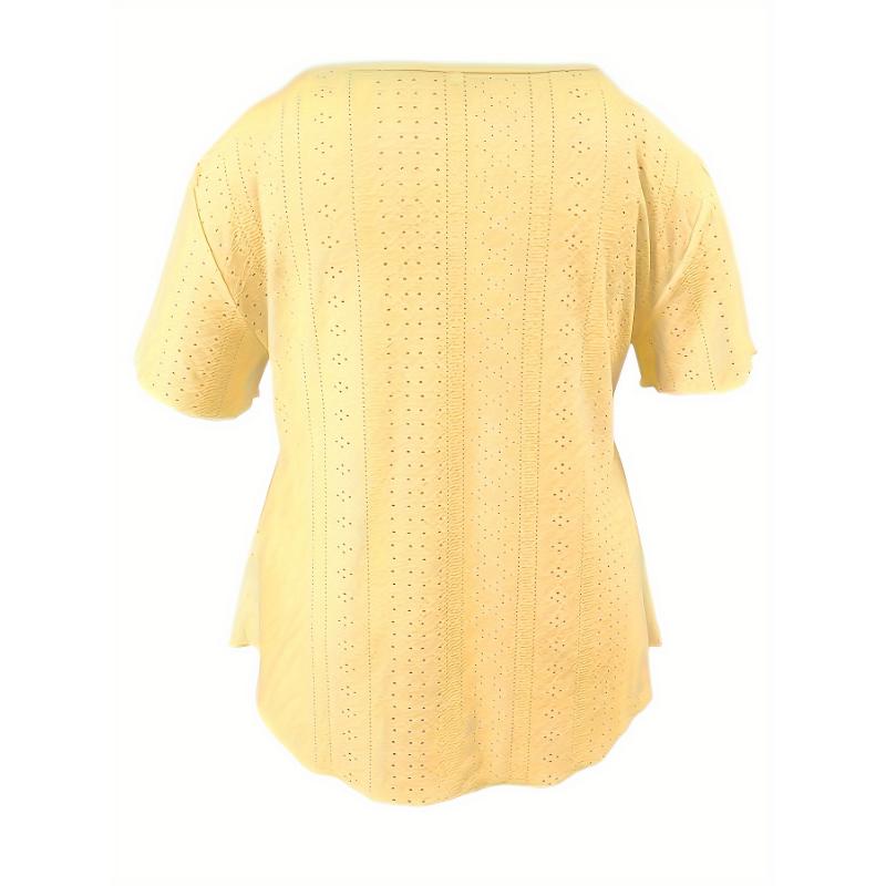 V Neck Plus Size Casual Short Sleeve Eyelet Scallop Trim T-Shirt - Spring & Summer Top For Women  Collar Fabric Elegant White Chic Womenswear Blouse Shortsleeve Vneck Spandex Vibe Knit Fitted Fluorescent Green