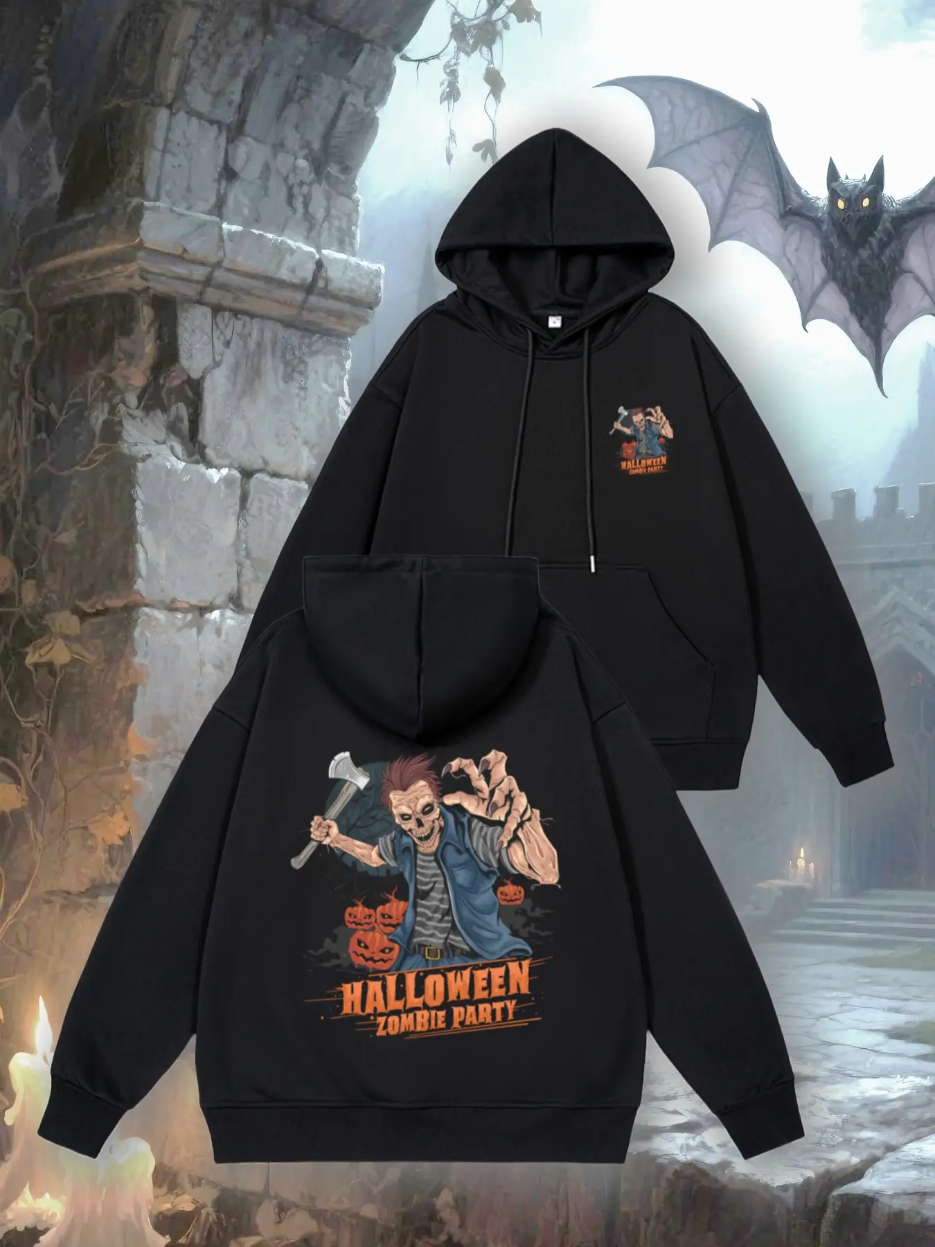 Unisex Halloween Zombie Pattern Hoodie, Loose-Fitting Fleece Sweatshirt, Casual Outdoor Sportswear, Trendy Couple Streetwear