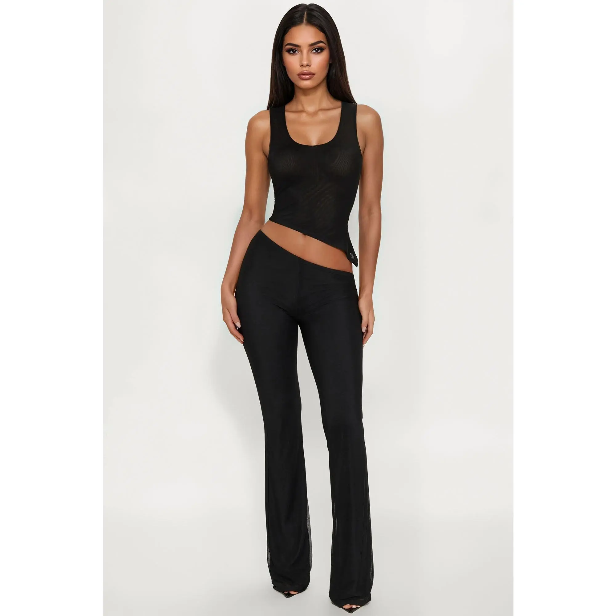 Diana Asymmetrical Mesh Pant Set - Black
