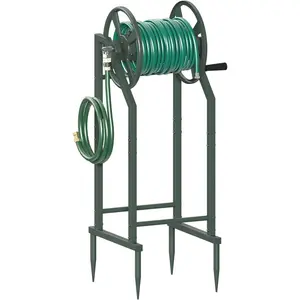 4-Spike Garden Hose Reel with 3.9ft Leader Hose & Stainless Fitting, Outdoor Hose Holder holds 125ft Hose of 5/8", Freestanding Metal Hose Stand for Outside Yard Lawn, Green
